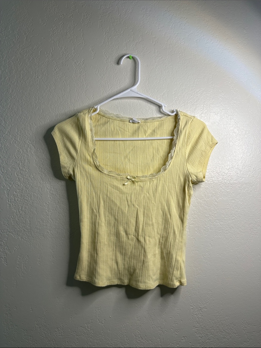 Garage Pale Yellow Ribbed Scoop Neck Top with Lace Trim